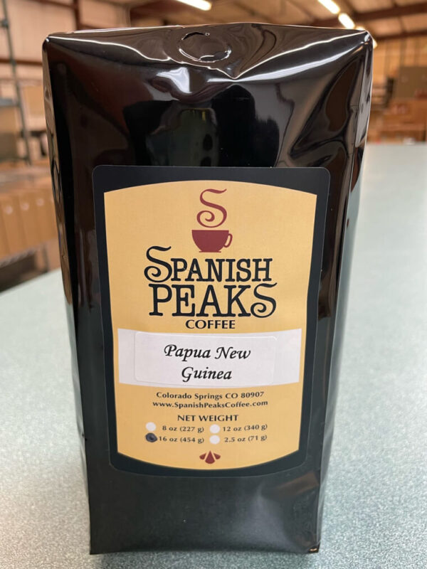 Spanish Peaks Coffee Papua New Guinea coffee beans in bag