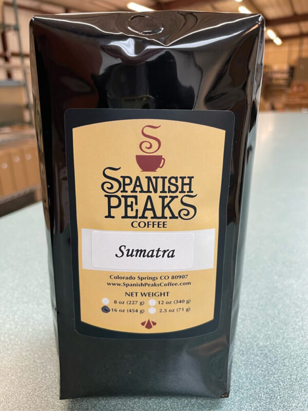 Spanish Peaks Coffee Sumatra coffee beans in bag